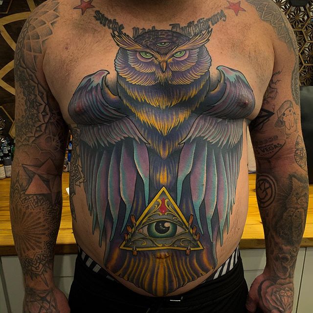 All Seeing Eye Owl full chest tattoo done in color by tattoo artist Alan Lott of Sacred Mandala Studio in Durham, NC.